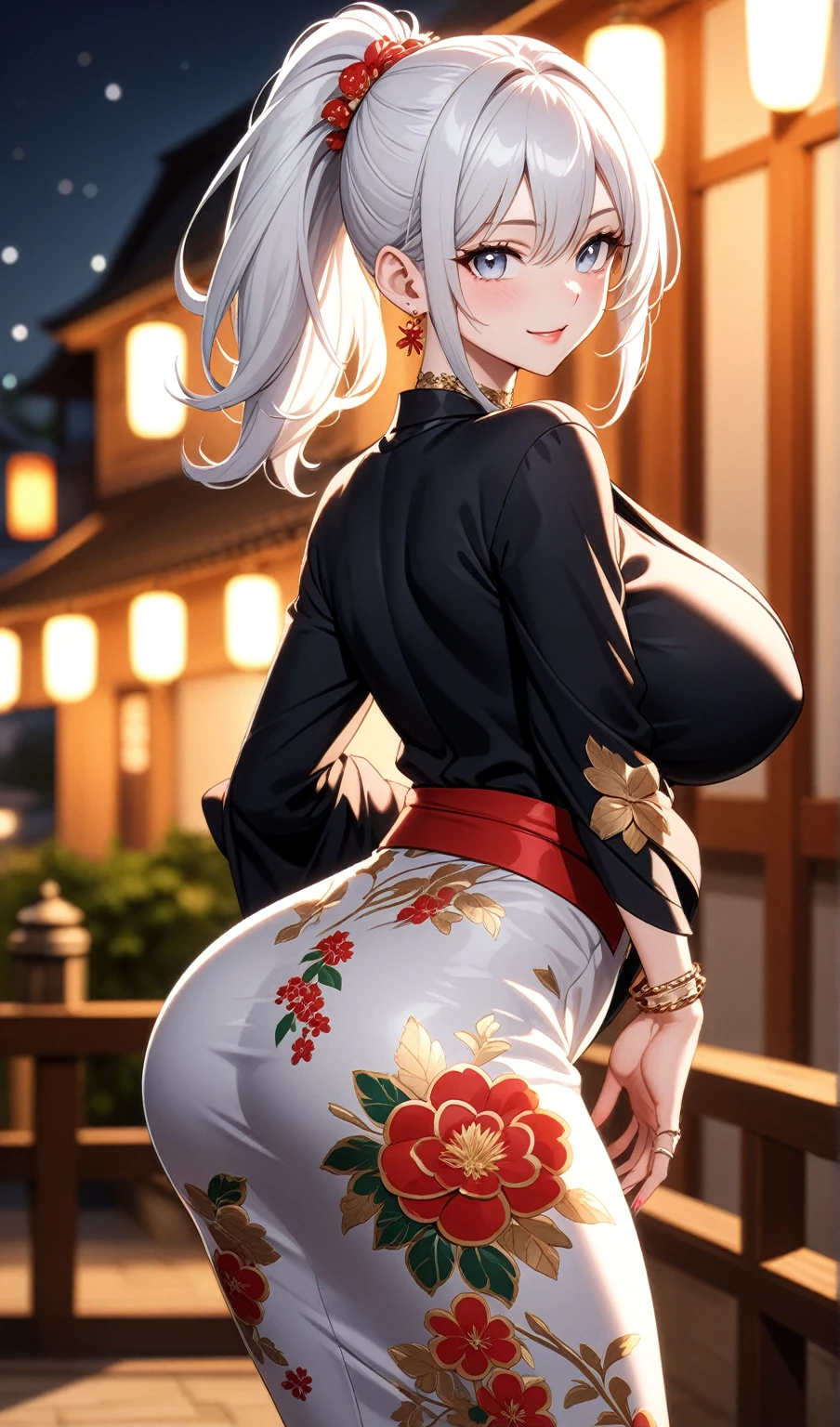 ((One personの女性)), Beautiful Face, (Laughing embarrassedly), (seductive smile:1.4), ((Wink:1.9)), (head tilt:1.3), Laugh with your mouth wide open, upper teeth, looking at viewer, ((Bright red cheeks:1.4)),Glossy Red Lips,Night view, High terrace, firework, Glossy red lips, Shining Face, ((Anime style background)),masterpiece, Highest quality, so beautiful,up to date, Complex details, (Pink long nails),(ring),(bracelet),(Floral choker),AI-generated, Complex,High resolution, Highest quality, super high quality,3D Images、3D Images,One person,Long white hair,High Ponytail, Anime woman posing for a photo,(blue eyes), ((Fine grain、Silvery white, lightly pigmented eyes、Shining Eyes:1.3)), (Squint your eyes:1.1),a hyperRealistic , hyperRealistic , Realistic,Anime woman with long white hair, Smooth anime CG art, A woman in a colorful kimono with gold embroidery, ((Black long sleeve kimono)),Red floral pattern,Long flower hair ornament,Earrings,Mature Body,(Big Breasts:1.1),Tall,Abdominal muscles,Tight waist,Leaning forward, ((looking back)),