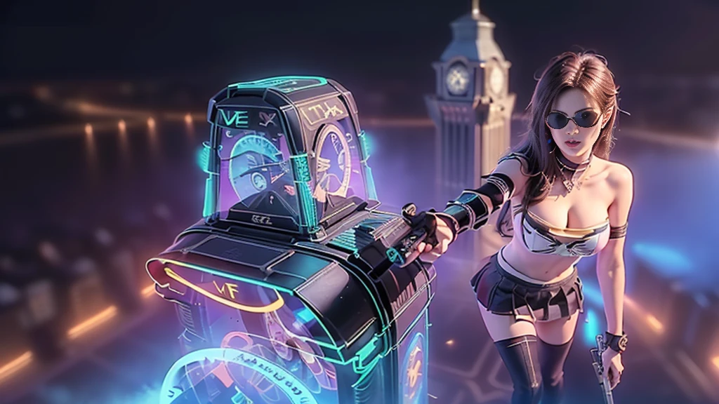 (aerial view). at night, futuristic sci-fi cyberpunk city, broad viaduct, skyscrapers at the end of the viaduct, the movie "13th Floor" style, (((((voltex-spirit-spreading giant clock tower as time machine))))), hq. Matrix style, at night, (1girl, solo), photo realistic, (large-breast:1.2 slim body, cleavage:1.3), (((tube top, extreamly short pleated (((miniskirt))) exposing panty))), (((((matrix style black sunglasses))))), (((((aiming at camera with a (short pistol)))))), (((half-body (thigh level) medium shot))), (cinematic lighting).