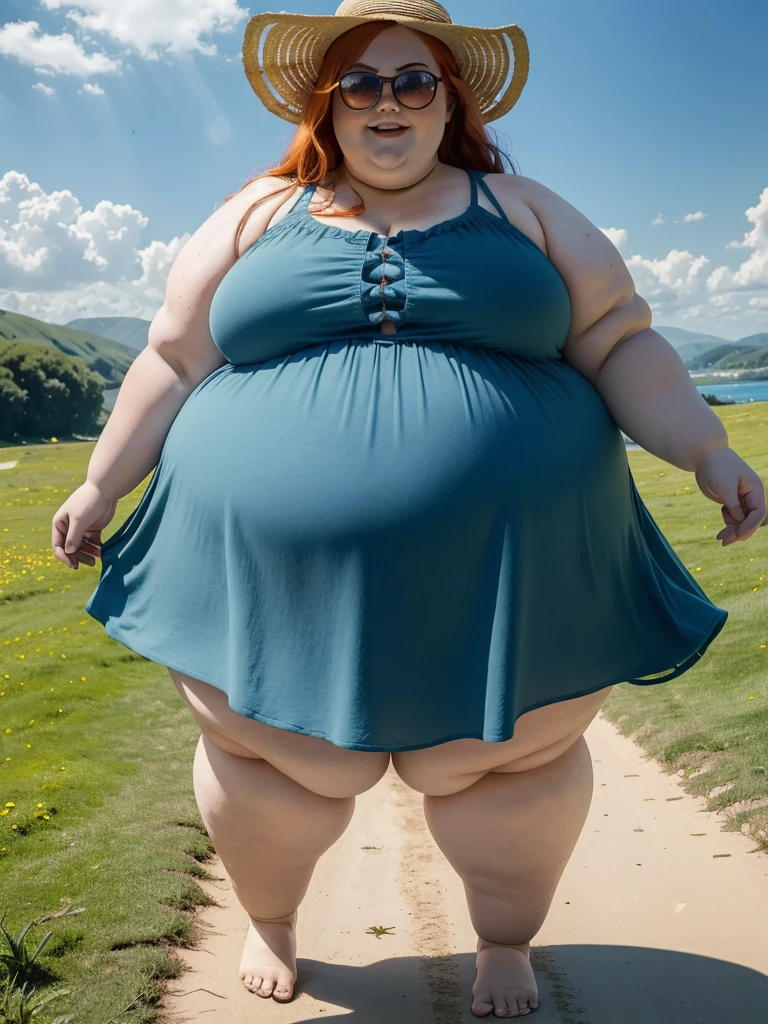 A joyful, full body photo of a young beautiful redhead ssbbw with long wavy ginger hair soft fat belly, very wide fat obese hips, very obese legs, thick fat wide legs and fat arms, cute pretty face, small breasts, blue eyes, freckles, in a cute summer dress, big summer hat, cute sunglasses, walking barefoot in a grassy lakeside, hills in the background