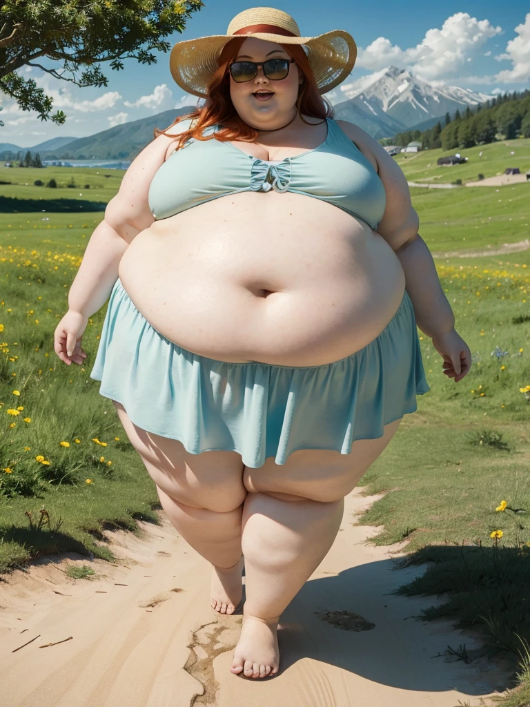 A joyful, full body photo of a young beautiful redhead ssbbw with long wavy ginger hair soft fat belly, very wide fat obese hips, very obese legs, thick fat wide legs and fat arms, cute pretty face, small breasts, blue eyes, freckles, in a cute summer dress, big summer hat, cute sunglasses, walking barefoot in a grassy lakeside, hills in the background