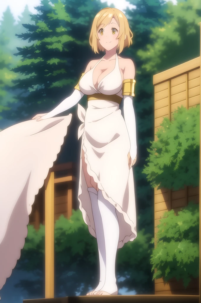 Tia full body, Golden Eyes, Blonde, short hair, Blue Ribbon, Large Breasts, Removable sleeves, White Dress, A light smile, forest, (masterpiece:1.2), Highest quality, Absurd, Highly detailed wallpaper, Perfect lighting,