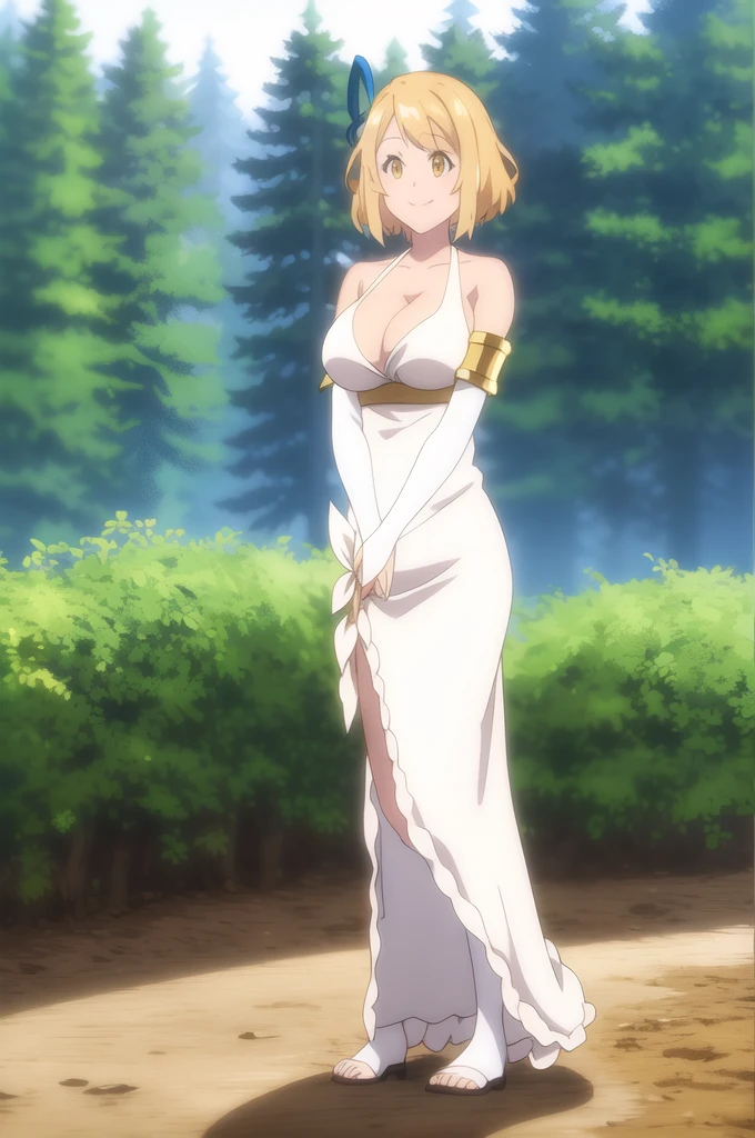 Tia full body, Golden Eyes, Blonde, short hair, Blue Ribbon, Large Breasts, Removable sleeves, White Dress, A light smile, forest, (masterpiece:1.2), Highest quality, Absurd, Highly detailed wallpaper, Perfect lighting,