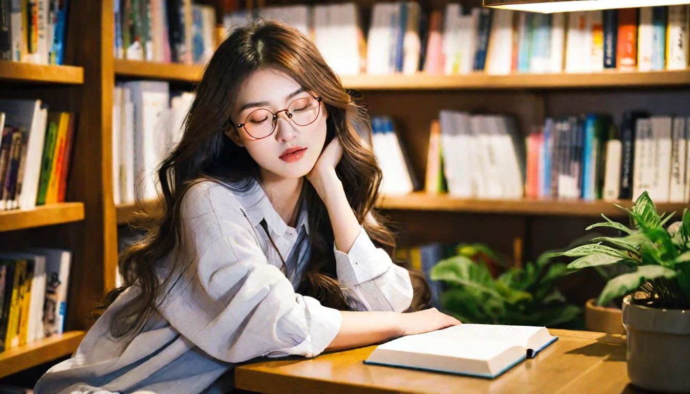 at 9:00PM, a beautiful asian girl, dozing, cozy library, seating, wooden desk, head resting, folded arms, atop an open book, long, brown, wavy hair cascades over shoulders, peaceful, relaxed face, high nose, plump lips, serene expression, look at the book, focus read book, seat on the chair. The library is warmly lit, soft, tranquil, inviting atmosphere. Shelves filled with books line the background, nearby window, gentle stream, natural light. The desk is cluttered with various books, notebooks, table plant pot, and a pair of reading glasses. Her outfit is casual yet stylish, perfectly, masterpiece, best quality, 2K, realistic, high contrast, sharp