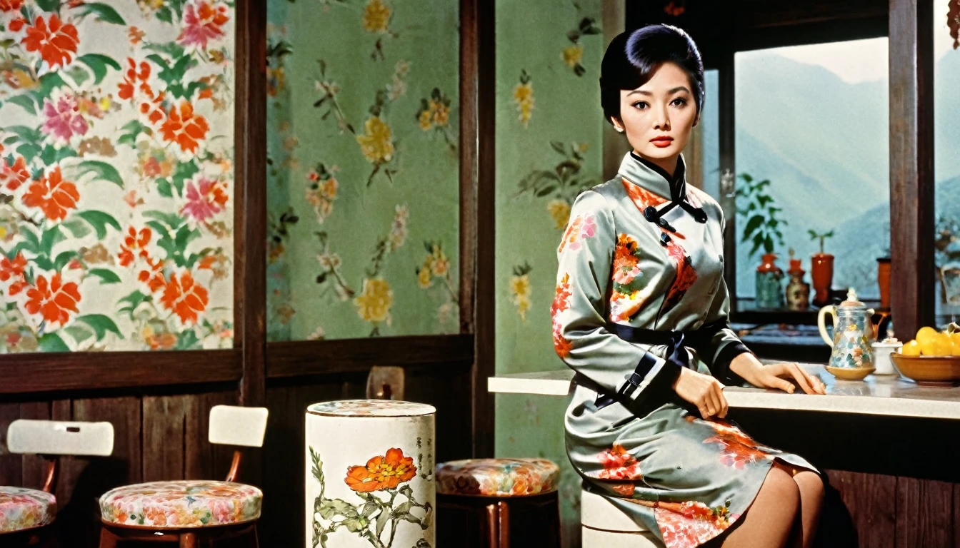 Movie still, a beautiful woman wearing 1960s british style trench coat over a floral patterned qipao, sitting on a wooden stool inside a 1960s hong kong kitchen. The picture is framed between two walls put at the forefront where the woman as the subject and the kitchen as the background, film by wong kar wai, wong kar wai color palette