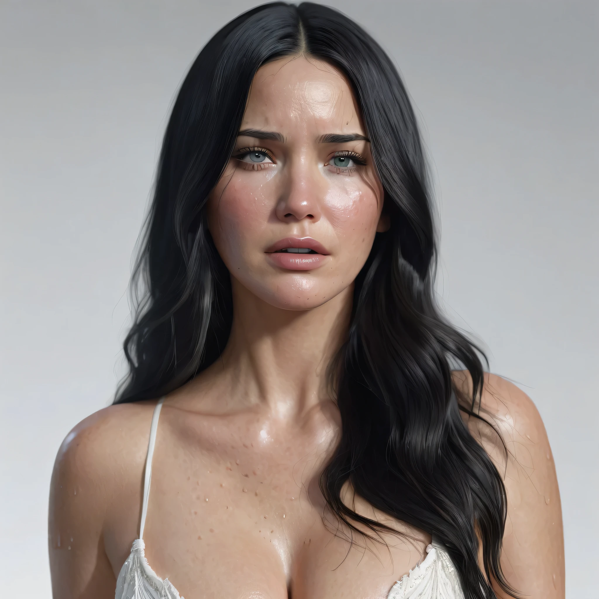 beautiful “Olivia Munn” crying with watery eyes, tears streaming down her eyes, heartbroken, realistic skin, skin pores and blemishes, 4K, cinematic photo, realistic, plain white background, detailed pupils, detailed iris, Long waved black hair, nude body