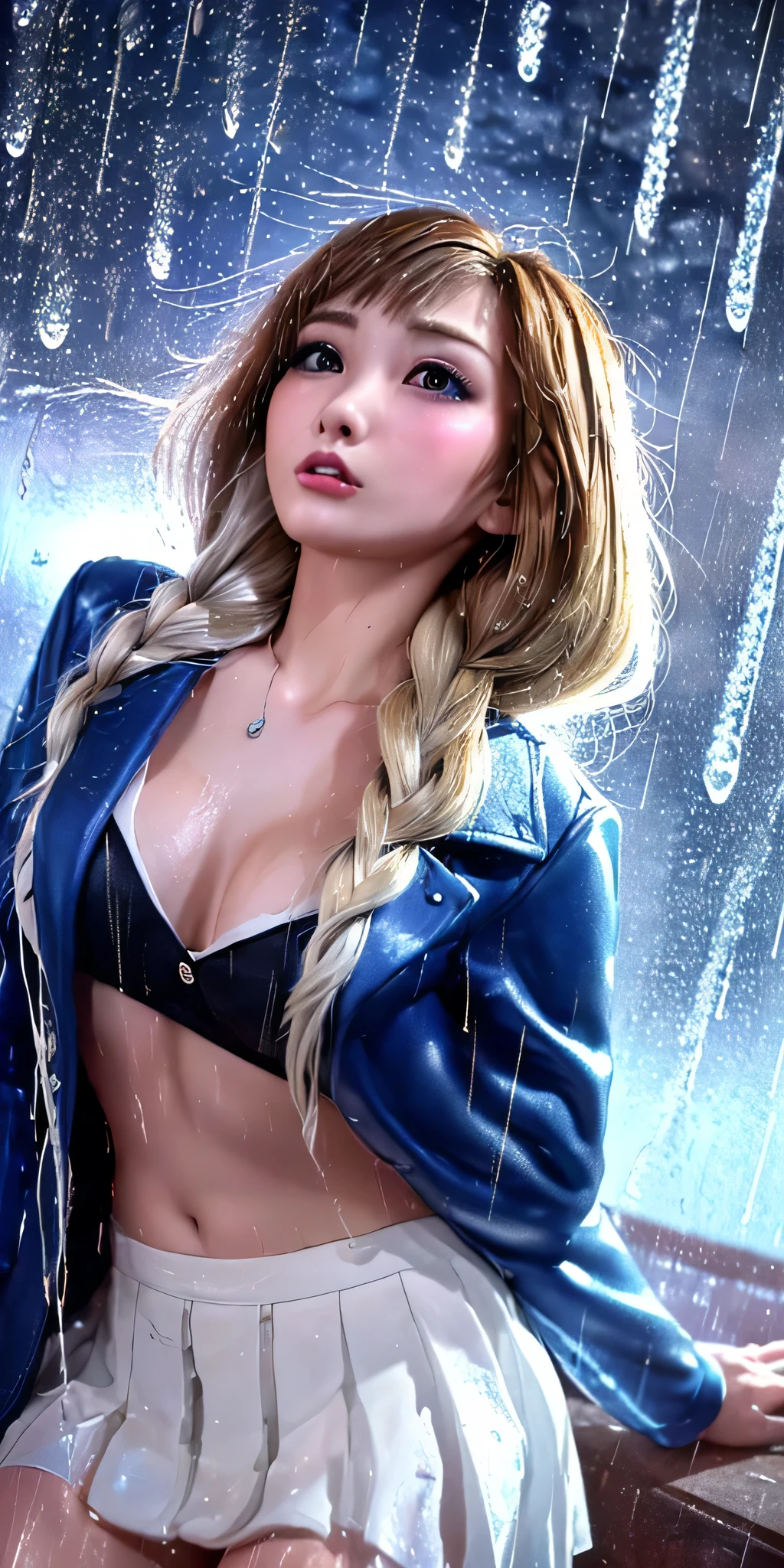((32k, Highest quality:1.5, masterpiece, Ultra-high resolution, Photorealistic)), Low angle:1.5, One Girl, 22 years old, Street Corner, summer night, (((Heavy Rain))), Highly detailed face and skin texture:1.2, ((Looking up at the sky, Slender beauty gets soaked in a rain of realistic semen:1.4)), (Realistic semen rain dripping all over your body:1.2, Wet your hair, Wet clothes:1.1, Semen droplets on skin), (School_uniform, The button is not closed, Wet Bra),(Dark Blue Blazer), (White shirt、Wear a tie), (Dark blue pleated skirt), (Sculptural installation :1.1), ((Open Valley, Her breasts are larger than her very large face.:1.1)), (Frozen erotic poses and erotic expressions:1.4), Silver Necklace, Blurred Background, Very beautiful face, Upper body only, Low angle:1.5