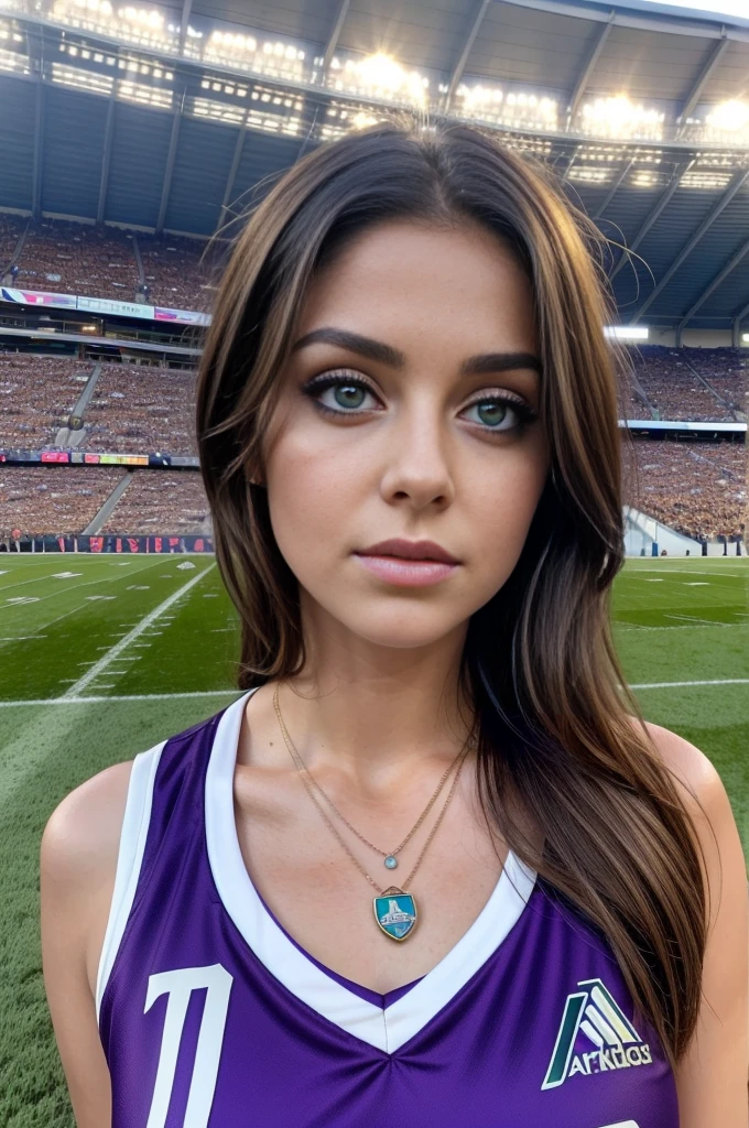Arafed Woman with Real Madrid Jersey and Necklace, Sexy Girl with Green Eyes, Brown Hair and Big Eyes, Violet Myers, Natural Makeup, Looking Directly at Camera, Face with Artgram, Subtle Makeup, Stunning Close-up, Piercing Green Eyes, View Her full body that is in the stands of a football stadium with a packed audience