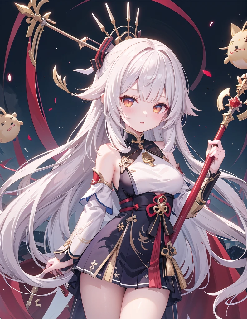 Has long white hair、Anime girl holding a red and gold scepter, Ayaka Genshin Impact, White-haired deity, Kushat Krenz Key Women in Art, Sharp RPG portraits, Keqing from genshin impact, From the Azur Lane video game, Anime girl holding a bow and arrow, Astrie Lohne, Azur Lane Characters, Official Art