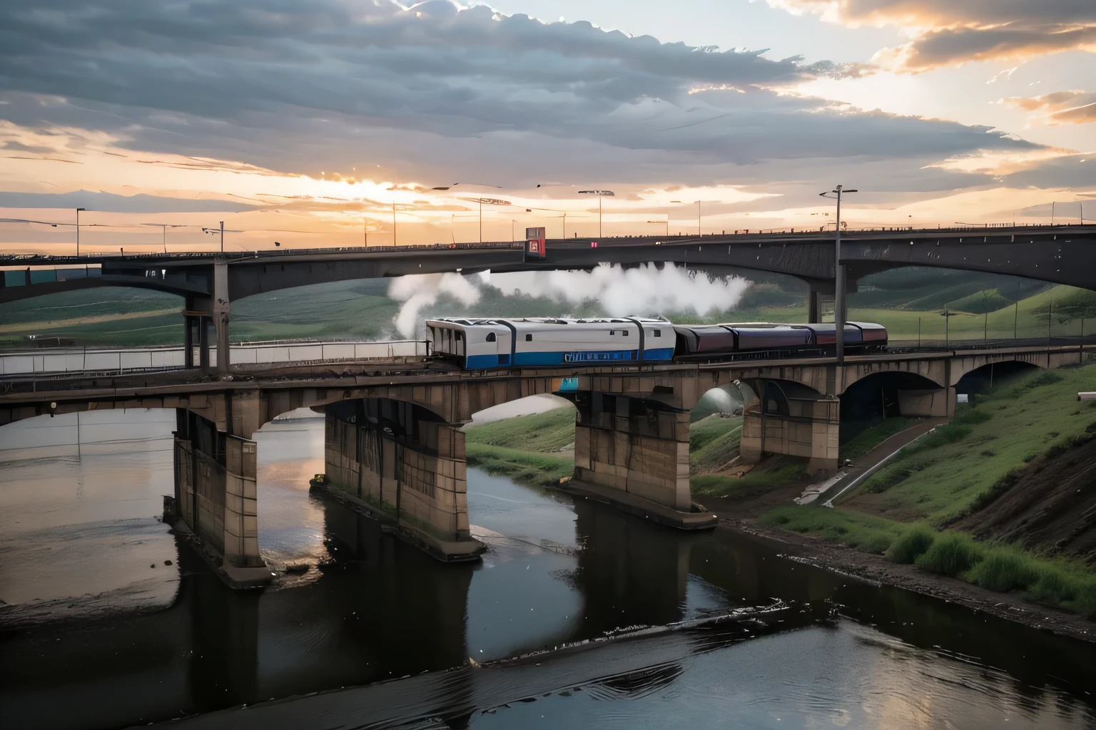 arafed train on a bridge over a river with a sky background, train, The photo shows a large, photo taken in 2018, neo norilsk, high quality photo, high image quality", train far, Raymond Normand, trains, aleksander rostov, scenic full plan, high quality photos, photo taken in 2 0 2 0