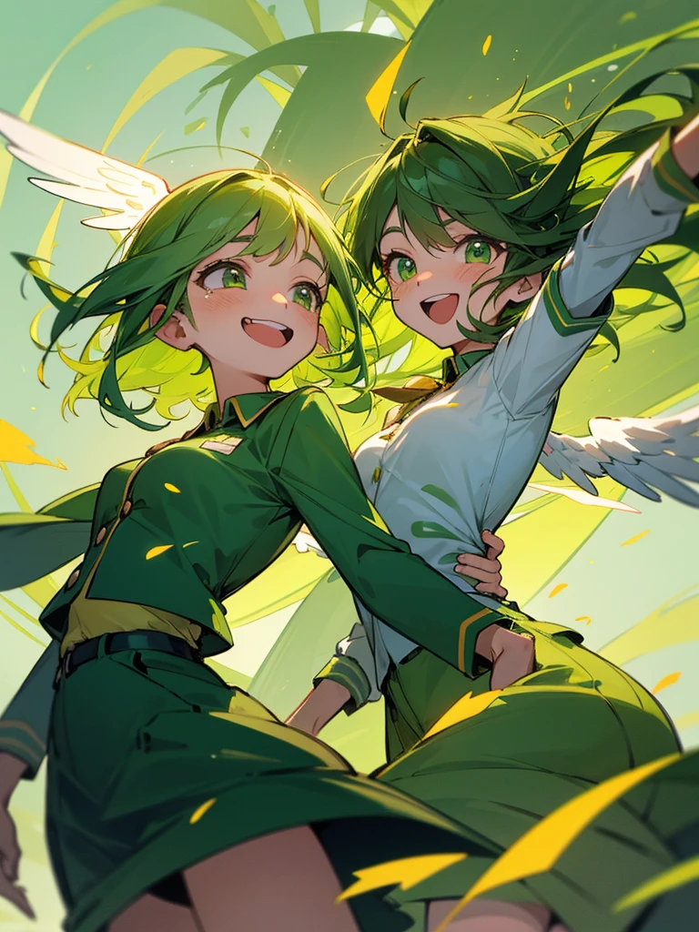 Twin angel girls, flying with wings, God is green, the wind is blowing, casting wind magic, cute smile, frog being blown away by magic, frog crying, wearing uniform with green and gold lines