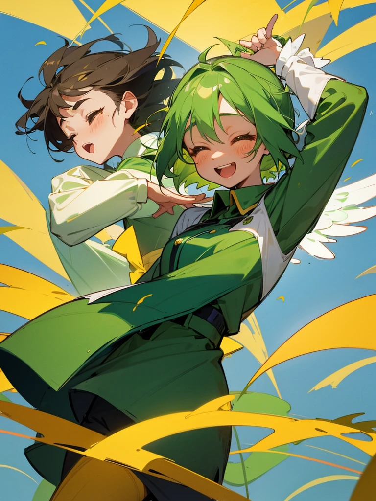 Twin angel girls, flying with wings, God is green, the wind is blowing, casting wind magic, cute smile, frog being blown away by magic, frog crying, wearing uniform with green and gold lines