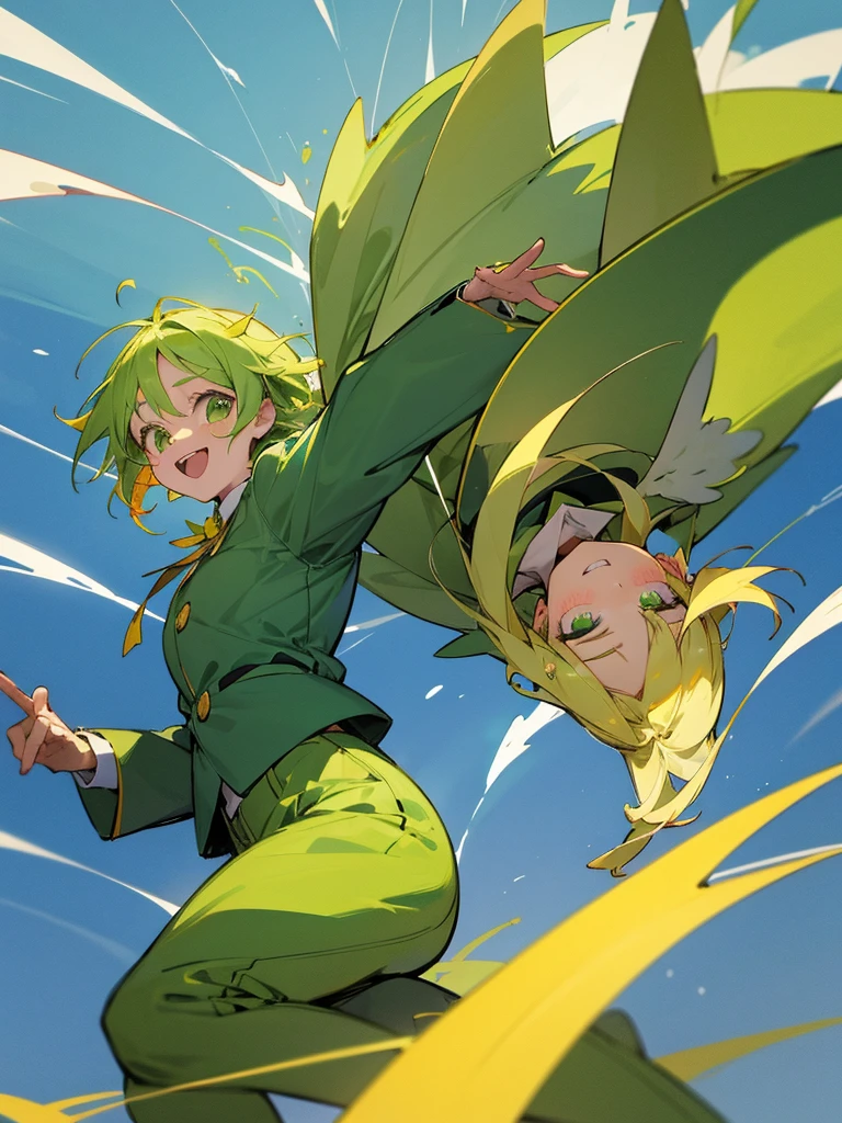 Twin angel girls, flying with wings, God is green, the wind is blowing, casting wind magic, cute smile, frog being blown away by magic, frog crying, wearing uniform with green and gold lines