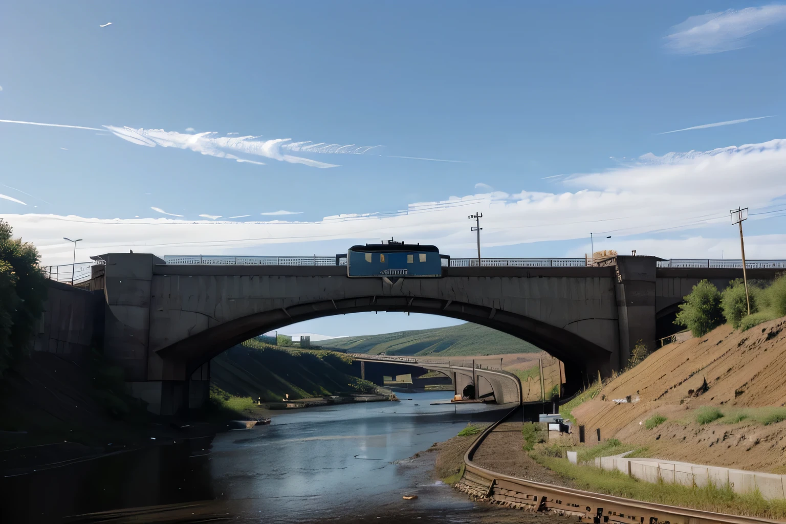 arafed train on a bridge over a river with a sky background, train, The photo shows a large, photo taken in 2018, neo norilsk, high quality photo, high image quality", train far, Raymond Normand, trains, aleksander rostov, scenic full plan, high quality photos, photo taken in 2 0 2 0