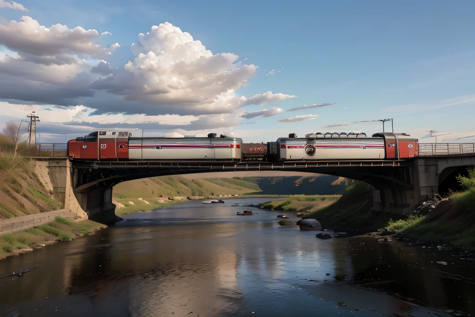 arafed train on a bridge over a river with a sky background, train, The photo shows a large, photo taken in 2018, neo norilsk, high quality photo, high image quality", train far, Raymond Normand, trains, aleksander rostov, scenic full plan, high quality photos, photo taken in 2 0 2 0