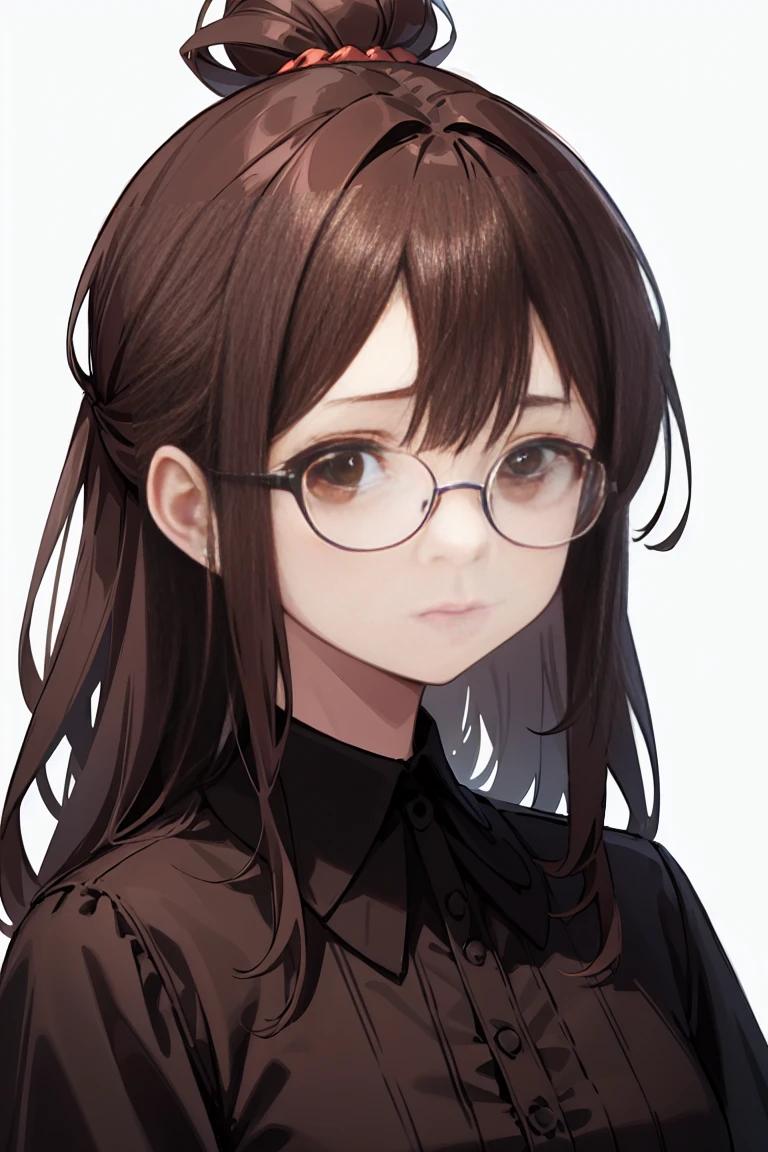 (highest quality), Portrait, glasses, topknot, ((Blouse)), black hair, ((brown Eyes)), Beautiful Eyes, Gloomy face, ((white background)), (masterpiece)