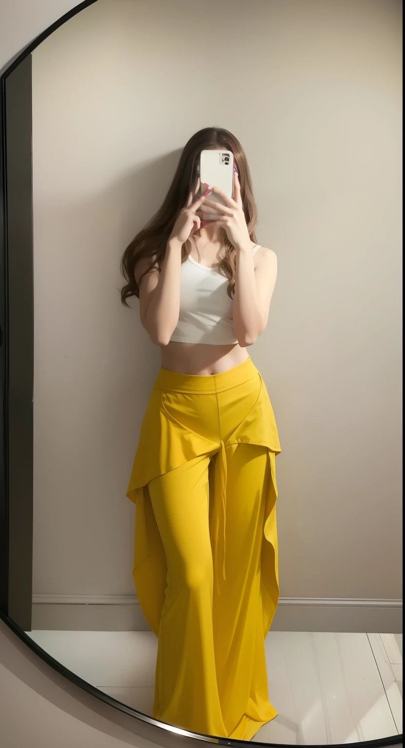 Full length girl, wavy thick hair, Brown hair, yellow loose pants, girl in top, photo in the mirror, super quality, warm photo, athletic girl