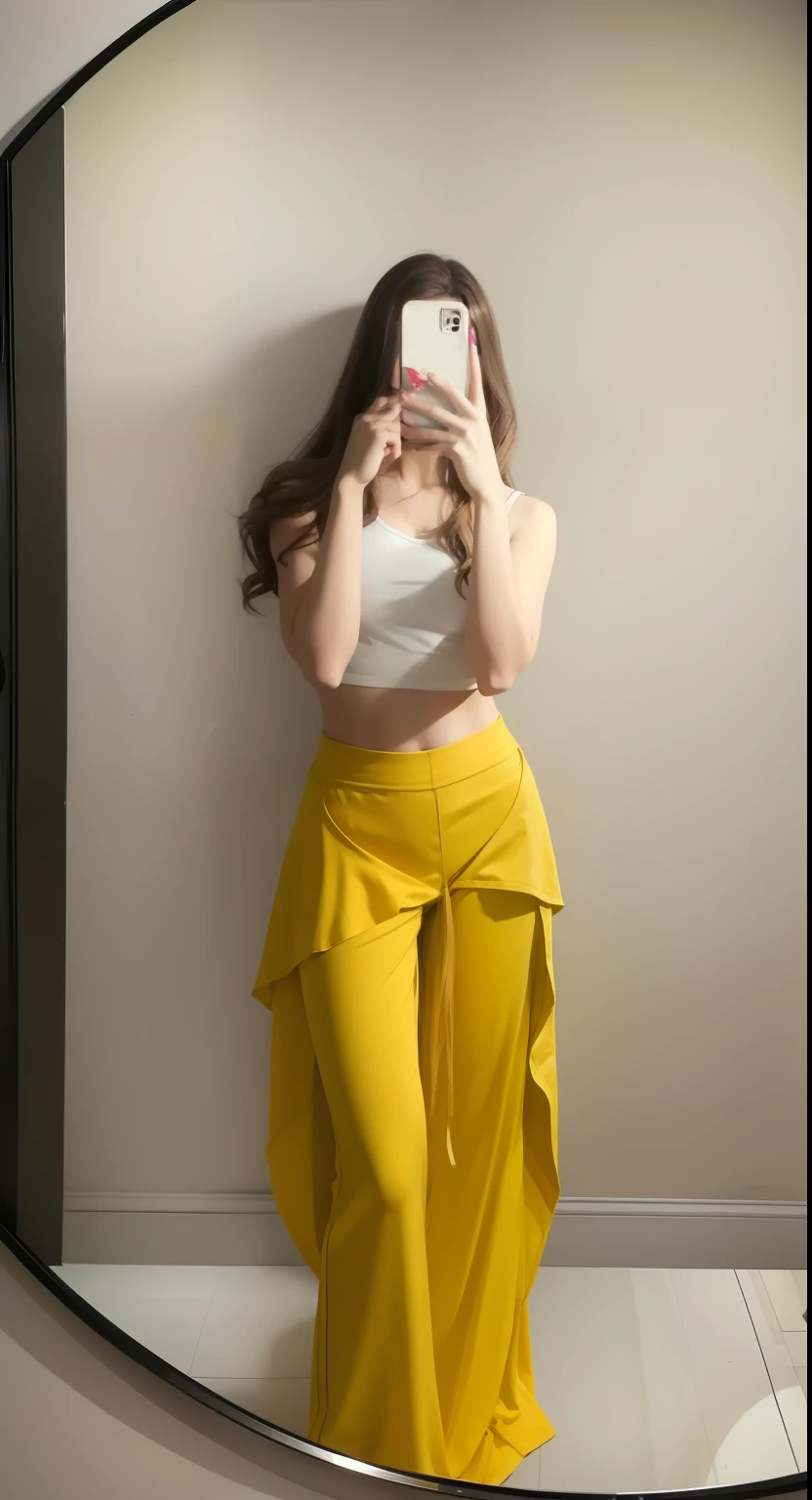Full length girl, wavy thick hair, Brown hair, yellow loose pants, girl in top, photo in the mirror, super quality, warm photo, athletic girl