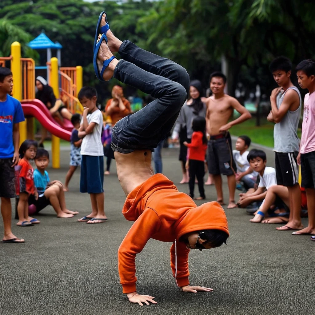 There is a 27 year old Indonesian man with a thin body, very short hair, wearing an orange hoodie, wearing sunglasses, wearing long black jeans, wearing blue flip-flops doing somersaults, people can be seen looking at him, the atmosphere at the children's playground  