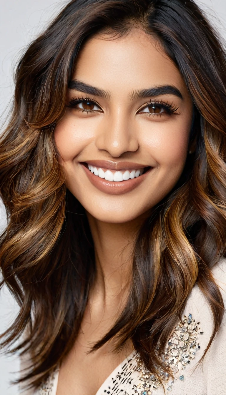 22 year old South Asian Latina woman with light blue almond-shaped eyes, long dark lashes framing those eyes, and a warm inviting smile revealing perfect white teeth. Her wheatish skin has a dark brown undertone. Healthy neck-length straight brown hair with golden highlights cascading down the ends, styled in a loose, voluminous wave. High cheekbones and a defined jawline frame her face, accentuated by natural day lighting illuminating her face and shoulders. Her slim figure is curvaceous with a slight hourglass shape, emphasizing her natural beauty.