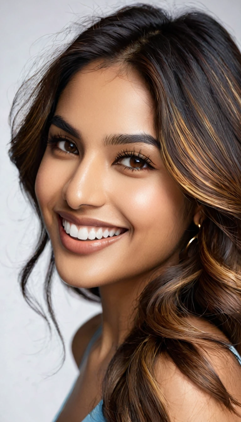 22 year old South Asian Latina woman with light blue almond-shaped eyes, long dark lashes framing those eyes, and a warm inviting smile revealing perfect white teeth. Her wheatish skin has a dark brown undertone. Healthy neck-length straight brown hair with golden highlights cascading down the ends, styled in a loose, voluminous wave. High cheekbones and a defined jawline frame her face, accentuated by natural day lighting illuminating her face and shoulders. Her slim figure is curvaceous with a slight hourglass shape, emphasizing her natural beauty.