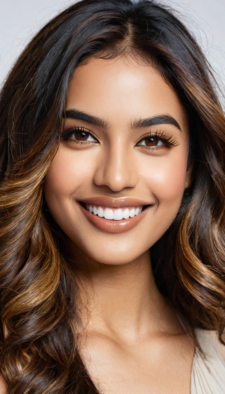 22 year old South Asian Latina woman with light blue almond-shaped eyes, long dark lashes framing those eyes, and a warm inviting smile revealing perfect white teeth. Her wheatish skin has a dark brown undertone. Healthy neck-length straight brown hair with golden highlights cascading down the ends, styled in a loose, voluminous wave. High cheekbones and a defined jawline frame her face, accentuated by natural day lighting illuminating her face and shoulders. Her slim figure is curvaceous with a slight hourglass shape, emphasizing her natural beauty.