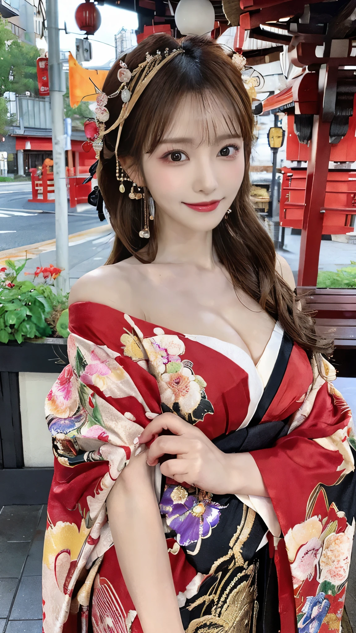 (Detailed skin:1.2),(Shiny skin:1.1),8K,Highest quality, masterpiece, Ultra-high resolution,(Realistic:1.4), RAW Photos,(Soft saturation:1.3),(Fair skin:1.2),Half-Japanese beauty,repair,20 years, Light brown hair, (Up-Hairstyles:1.2), Asymmetrical Hair, (Pretty face:1.4), (Large Breasts, Tight waist), Beautiful lighting, (Sexy Oiran:1.2,),Highly detailed face, Highly detailed lips, fine grain, double eyelid, (Sharp focus: 1.2), (Perfect Anatomy),(Beautiful woman with perfect figure: 1.2)、Exposing cleavage、Random sexy poses,(Accentuate your leg lines:1.2)、kimono、Sharp Eyes,A seductive smile、Gorgeous hair ornament、Japanese style background