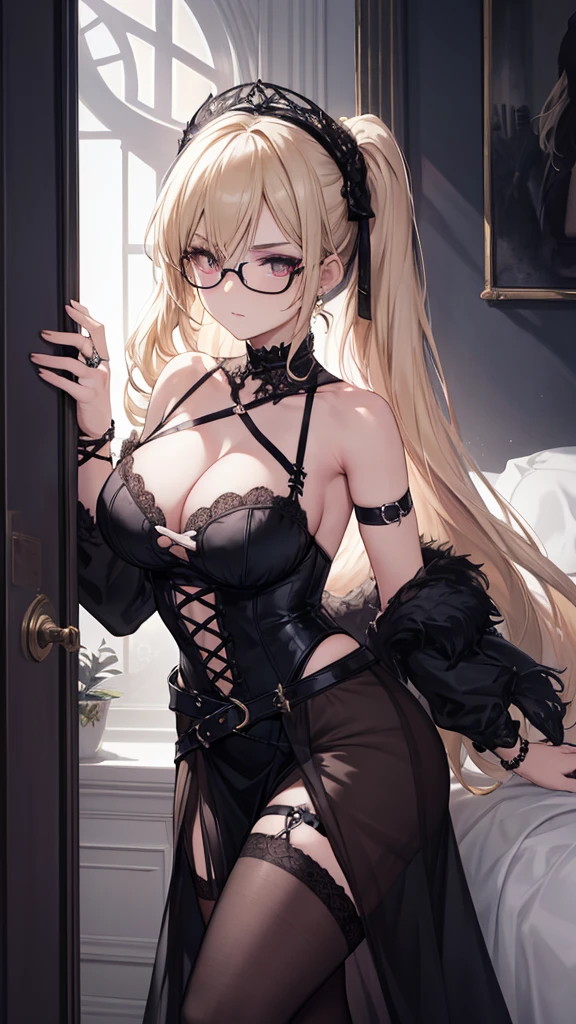 Create an art piece of a woman with a gothic aesthetic, set in a bedroom. She is wearing a black, intricate strappy outfit with a pentagram design on the chest and lace detailing on the waist, similar to the one in the first image. Her outfit includes a choker with a heart-shaped charm, a gothic bracelet, and a black ring. The woman's face has a fair complexion, dark lipstick, and dark, slightly arched eyebrows. She wears glasses with a black frame and has an overall expression of quiet confidence. Her hair is light blonde with darker roots, tied back in a casual yet stylish way. Details: Art Style: extremely detailed CG unity 8k wallpaper, best illustration, best shadow, absurdres, realistic lighting, beautiful detailed glow Setting: bedroom Outfit: strappy black outfit with pentagram design and lace detailing, gothic accessories (choker, bracelet, ring) Physical features: fair skin, dark lipstick, dark eyebrows, black frame glasses, light blonde hair with dark roots tied back, gothic aesthetic, curvy body, cute adorable face, seductive gaze Pose: full body picture, sexy, seductive, busty, thicc butt, great shading, shadows, detailed butt. The pose should match the one in the first image, highlighting her figure, with random sexy poses taken from random photo angles,