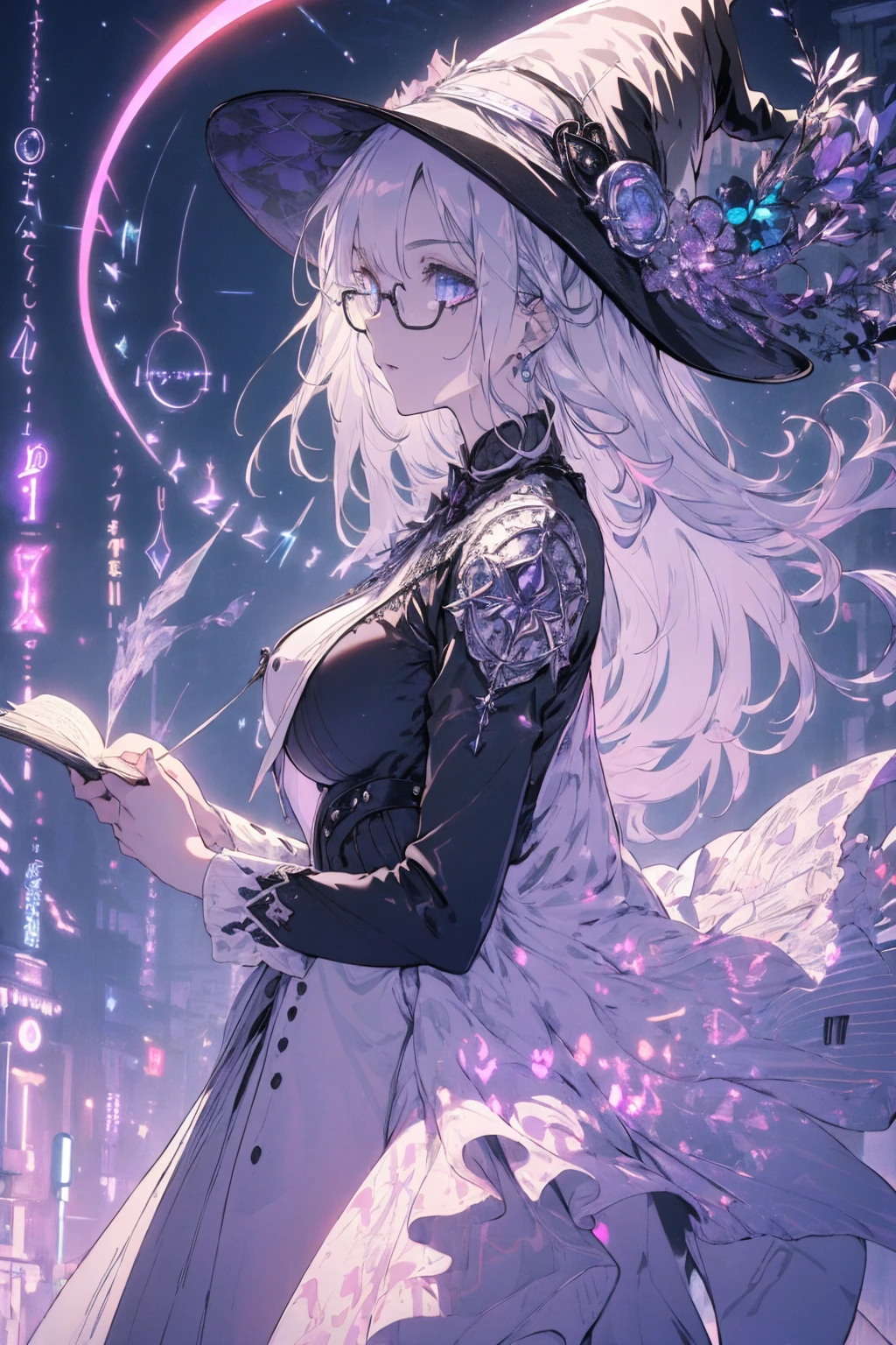 (witchcraft photo:1.1,in neon downtown:1.5), Masterpiece, best quality, (very detailed CG unity 8k wallpaper), (best quality), High definition RAW color art, Animation,sculptures, (silver Marble Skin), (((Ultra detailed elegant))), Magical atmosphere, Detailed skin, Texture,(Intricately detailed, Fine detail, ultra-detail art), depth of fields, bokeh, Silky Touch, Hyper Detail, beautiful eyes, Elegant Face, (ローブ, profile), sparkle background, (silver hair), pastel purple, fat, shorthair, dress, フリル, witchcraft hat, Round Glasse:1.4, enormous breast, リボン