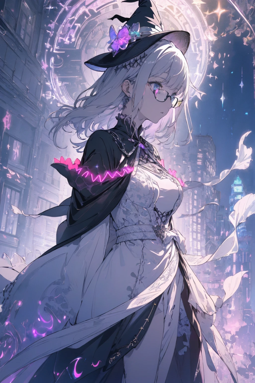 (witchcraft photo:1.1,in neon downtown:1.5), Masterpiece, best quality, (very detailed CG unity 8k wallpaper), (best quality), High definition RAW color art, Animation,sculptures, (silver Marble Skin), (((Ultra detailed elegant))), Magical atmosphere, Detailed skin, Texture,(Intricately detailed, Fine detail, ultra-detail art), depth of fields, bokeh, Silky Touch, Hyper Detail, beautiful eyes, Elegant Face, (ローブ, profile), sparkle background, (silver hair), pastel purple, fat, shorthair, dress, フリル, witchcraft hat, Round Glasse:1.4, enormous breast, リボン