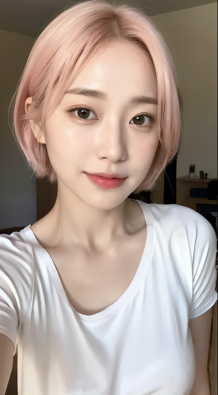 Haruno sakura, ((alone)), alone, E cup breasts,(((Plain short T-shirt))), ((Show your forehead)), smile,Are standing, Pink Hair, short hair, delicate, young, short hair, Detailed face, High resolution, ((whole body)), (((Bedroom))), whole body, she is a beautiful , High quality face, beautiful, Shine,(masterpiece:1.3), High resolution, Very detailed, Very detailedな,Unity 8k wallpaper, Realistic, photo-Realistic, RAW Photos, Beautifully detailed face, Pale skin, Realistic glistening skin, Sweating