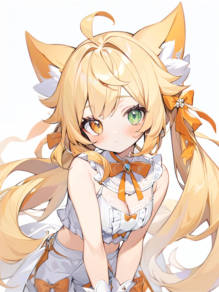 1girl, Cute girl, big eyes,Nice face,The fox girl,bangs, bare shoulders, blonde hair, blush, bow, breasts, white cleavage, cropped torso, , green eyes, hair ribbon, heterochromia, stlooking at viewer, , orange bow, orange eyes, orange ribbon, stuffed toy, twintails, upper body, full-length, white legbands, white shoes with lace and white bows, white background, wrist cuffs, yellow eyes, bloomers, close-up, fair skin frills, lace, midriff, skirt, solo, , white background,shorts, white top with ribbon and lace and trousers,trousers, genshin,white slippers with a bow,All clothes are white, laceAt full height, it stands, в полный рост
