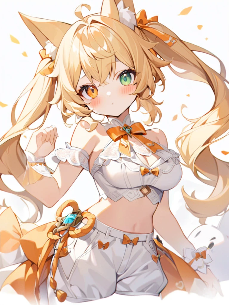 1girl, Cute girl, big eyes,Nice face,The fox girl,bangs, bare shoulders, blonde hair, blush, bow, breasts, white cleavage, cropped torso, , green eyes, hair ribbon, heterochromia,  stlooking at viewer, , orange bow, orange eyes, orange ribbon,  stuffed toy, twintails, upper body, full-length, white legbands, white shoes with lace and white bows, white background, wrist cuffs, yellow eyes, bloomers, close-up, fair skin frills, lace, midriff, skirt, solo, , white background,shorts, white top with ribbon and lace and trousers,trousers, genshin,white slippers with a bow,All clothes are white, laceAt full height, it stands, в полный рост