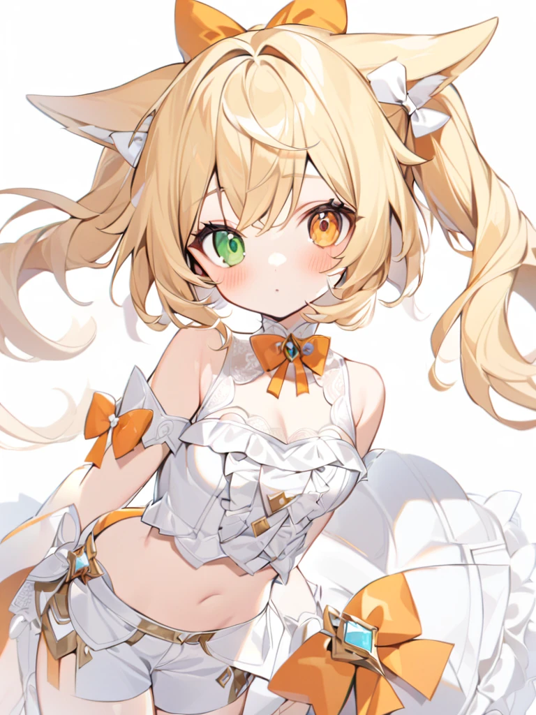 1girl, Cute girl, big eyes,Nice face,The fox girl,bangs, bare shoulders, blonde hair, blush, bow, breasts, white cleavage, cropped torso, , green eyes, hair ribbon, heterochromia, stlooking at viewer, , orange bow, orange eyes, orange ribbon, stuffed toy, twintails, upper body, full-length, white legbands, white shoes with lace and white bows, white background, wrist cuffs, yellow eyes, bloomers, close-up, fair skin frills, lace, midriff, skirt, solo, , white background,shorts, white top with ribbon and lace and trousers,trousers, genshin,white slippers with a bow,All clothes are white, laceAt full height, it stands, в полный рост