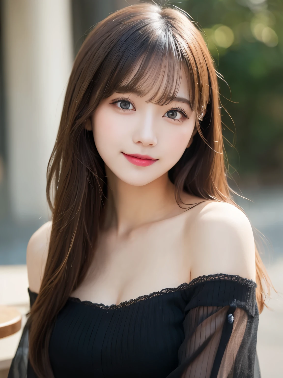 table top, highest quality, shape, Super detailed, finely, High resolution, 8k wallpaper, Perfect dynamic shape, beautiful and detailed eyes, D cup, natural color lip, random sexy pose,smile、20 year old girl、midnight、Beautiful and dense face、perfect and beautiful face,Big eyes、real photos(best image quality),Sheer off-shoulder dress (black)、looking at camera、Please stand、Do gal makeup,blurred background