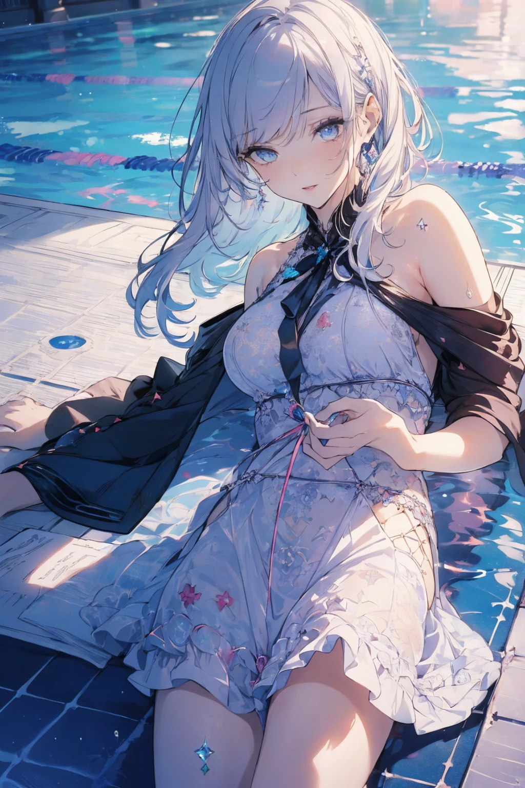 (sexy photo:1.1, in blue marine:1.5), Masterpiece, best quality, (very detailed CG unity 8k wallpaper), (best quality), High definition RAW color art, Animation,sculptures, (pink Marble Skin), (((Ultra detailed elegant))), Magical atmosphere, Detailed skin, Texture,(Intricately detailed, Fine detail, ultra-detail art), depth of fields, bokeh, Silky Touch, Hyper Detail, beautiful eyes, Elegant Face, (lying on pool), sparkle background, (silver hair), pastel purple, fat, embarrassing red face, shorthair, dress, フリル