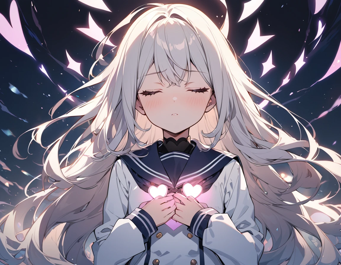 BREAK Perfect Anatomy,(High resolution:1.2),Incredible illustrations(Cute illustrations:1.2)(Beautiful background,A profusion of flowers:1.5)1gial((multicolored hair,wavy long hair)closed eyes,serious (sailor uniform),(a girl,tall, height 1.5meters, 40kg),,17-year-old,flat chest)A pensive girl with her hands on her chest(Heart light in your hand)