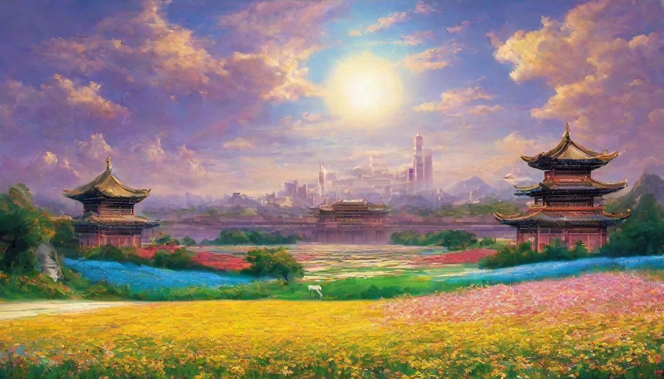 Under the clear blue sky、Fantasy scene of a colorful flower field spreading all over。The city floats in the air、Fluorescent flowers々Shines、The path leads to a magnificent walled city in the distance.、Its magnificent appearance stands out against the blue sky。Fluffy white clouds float in the sky、It adds a calm and dreamy element to the overall landscape.。Humans don&#39;t exist、Only the magnificent landscapes and impressive cities above are depicted.。