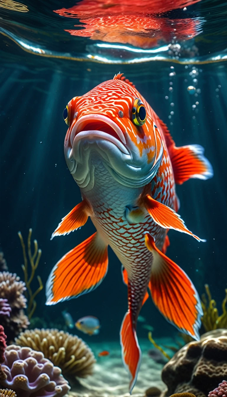 Front view,A red fish under the water, (best quality,4K,8K,High level,masterpiece:1.2),Ultra Detailed,(lifelike,Photo real,Photo real:1.37),Highly detailed animals,Complex patterns,Realistic lighting,Fantasy Creatures