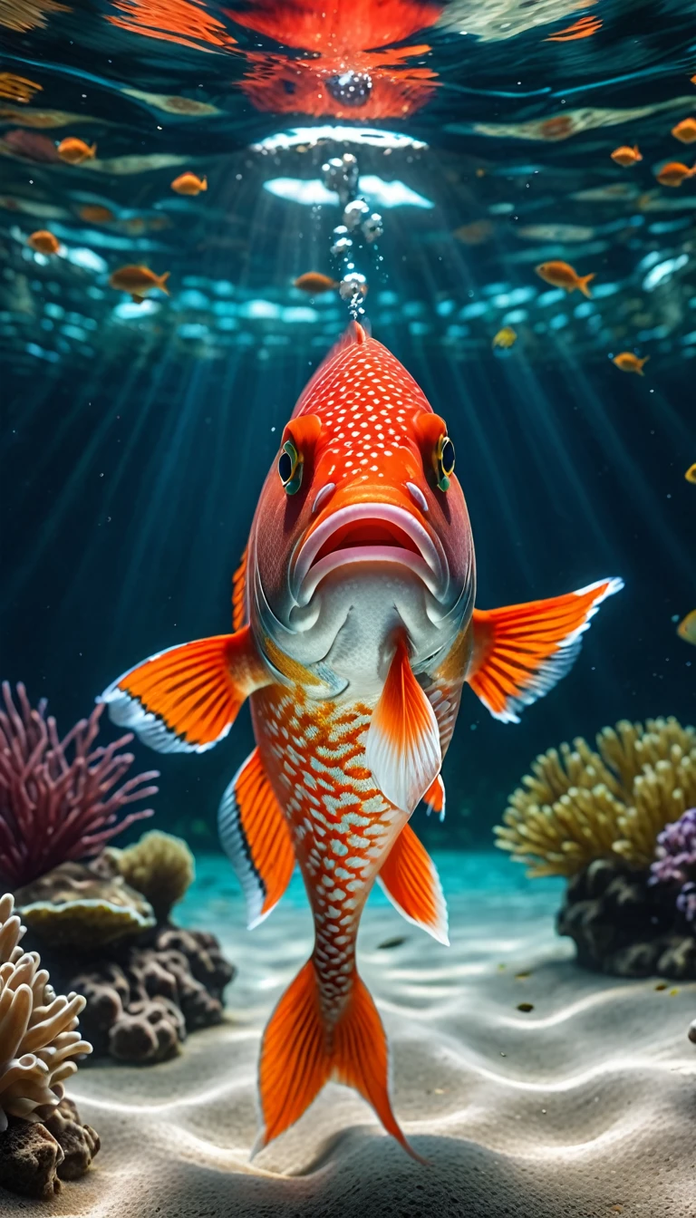 Front view,A red fish under the water, (best quality,4K,8K,High level,masterpiece:1.2),Ultra Detailed,(lifelike,Photo real,Photo real:1.37),Highly detailed animals,Complex patterns,Realistic lighting,Fantasy Creatures