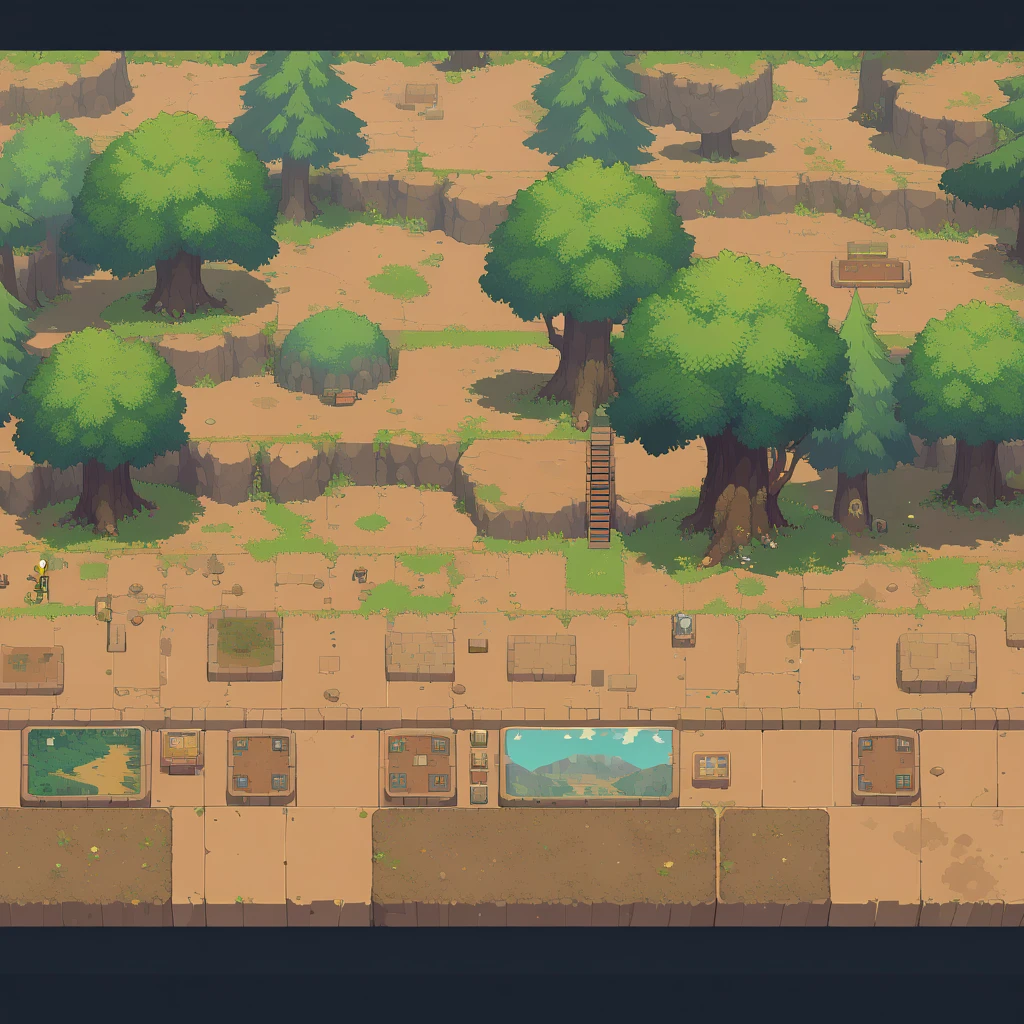 retro video game style,pixelated pastel colors,8-bit characters,blocky shapes,sharp lines,detailed shading,classic gaming vibe,nostalgic atmosphere,classic arcade games,masterpiece:1.2,ultra-detailed,illustration style, 2d texture, stone texture, 4 k seamless mud texture, video game texture, dirt texture, tileset, game tiles, grass, 3/4th perspective trees, tileable cliff formations, tileable cliff texture, 3/4th perspective forest, topdown view, game texture, game art, dirt, , tileable texture, top down view, 3/4th perspective