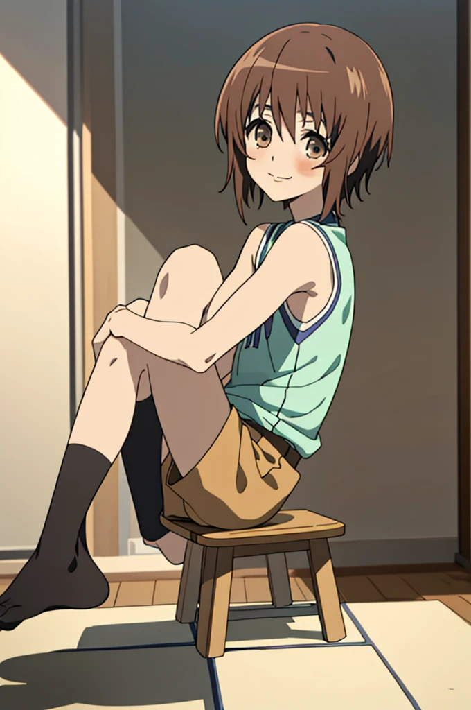 masterpiece, best quality, high quality, 1boy, solo, ****, looking at viewer, mochizuki_yuuya, brown hair, brown eyes, bangs,smile,sleeveless,shorts,socks