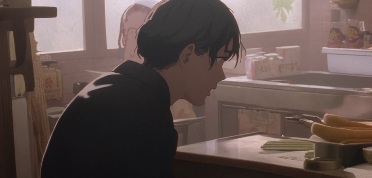 there is a woman sitting in a chair in a kitchen, 1 9 8 6 movie screenshot, in the mood for love, still frame from a movie, movie screencap, screenshot from a movie, highlight scene of the movie, in style of kar wai wong, eerie david lynch cinematography, grainy 1985 cinematography, maggie cheung, art house film aesthetic