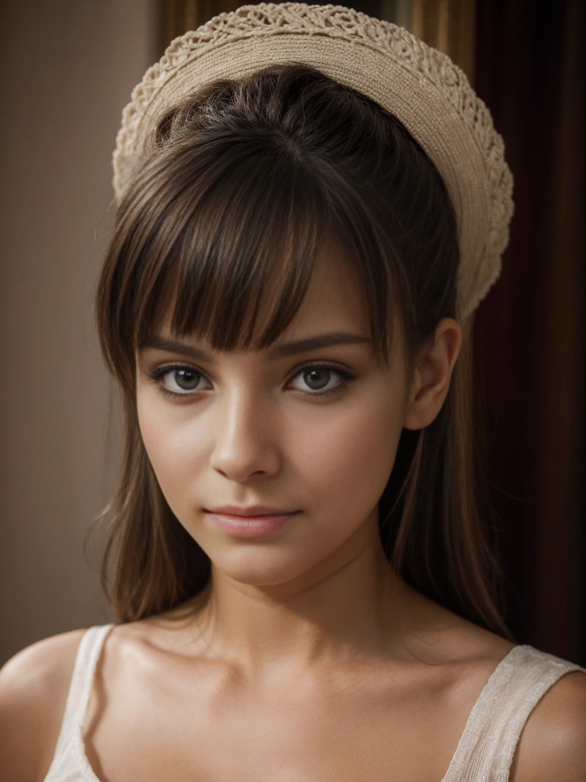 Portrait détaillé et réaliste d&#39;une belle Latina de 18 ans aux longs yeux ronds, sombre, cheveux en désordre emmenés dehors, dans une robe soleil bleu royal, regarder la caméra, lèvres gercées, doux sourire, Éclairage naturel doux, Photographie de portrait, Photographie magique, éclairage dramatique, Réalisme photographique, Ultra détaillé, composition de portrait intime, 1/2 coups de corps, (nipslip_rester:1.3), (glissement de pincement:1.3),
