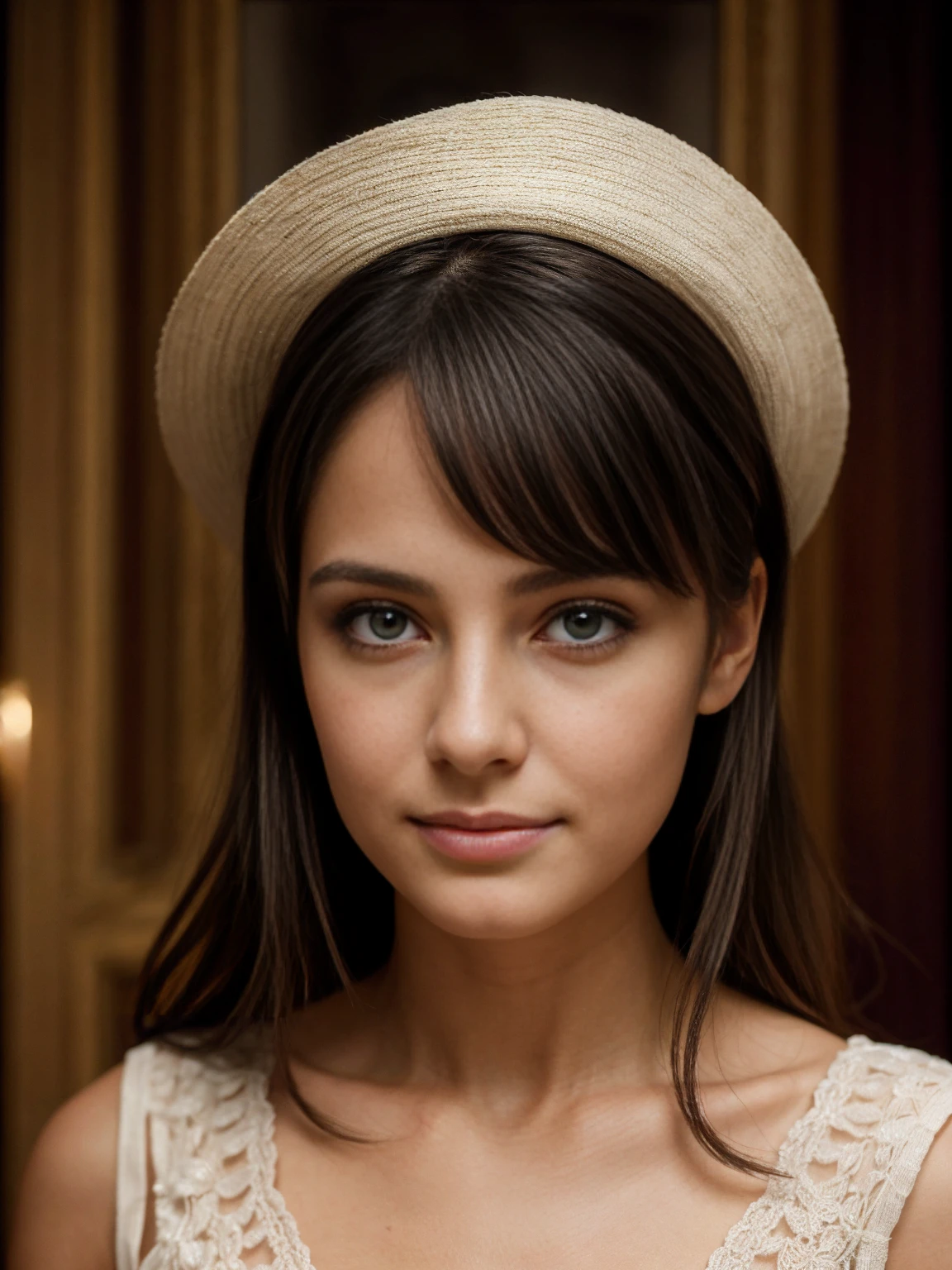 Portrait détaillé et réaliste d&#39;une belle Latina de 18 ans aux longs yeux ronds, sombre, cheveux en désordre emmenés dehors, dans une robe soleil bleu royal, regarder la caméra, lèvres gercées, doux sourire, Éclairage naturel doux, Photographie de portrait, Photographie magique, éclairage dramatique, Réalisme photographique, Ultra détaillé, composition de portrait intime, 1/2 coups de corps, (nipslip_rester:1.3), (glissement de pincement:1.3),