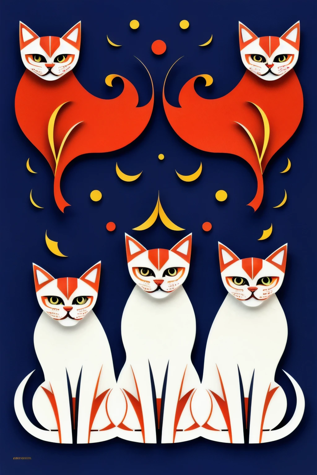 Stunning, high-resolution image featuring three cats elegantly posed in a dynamic, vorticist style inspired by the kirigami art form. Each feline is intricately cut into paper, artfully arranged to create a sense of motion and fluidity, reflecting the energy and spontaneity of the vorticist movement. The colors are rich and vibrant, with contrasting hues that accentuate the delicate paper foldings. The background is minimal, showcasing the cats and their intricate design in all their glory. This striking artwork would make a captivating addition to any modern art collection.