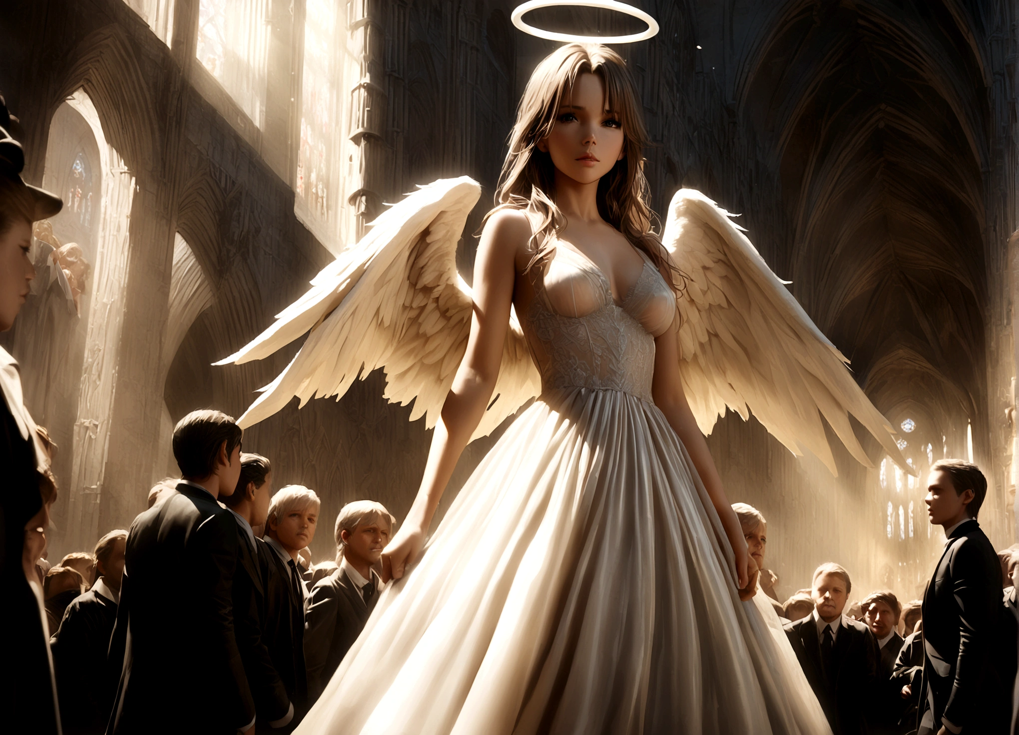 angel, Kate Beckinsale, age 25, platinum blonde hair, halo, large pair of white wings, sheer silk dress, holy corona, majestic pose, cathedral, crowded, intricate details, cinematic lighting, dramatic, photorealistic, 8k, masterpiece
