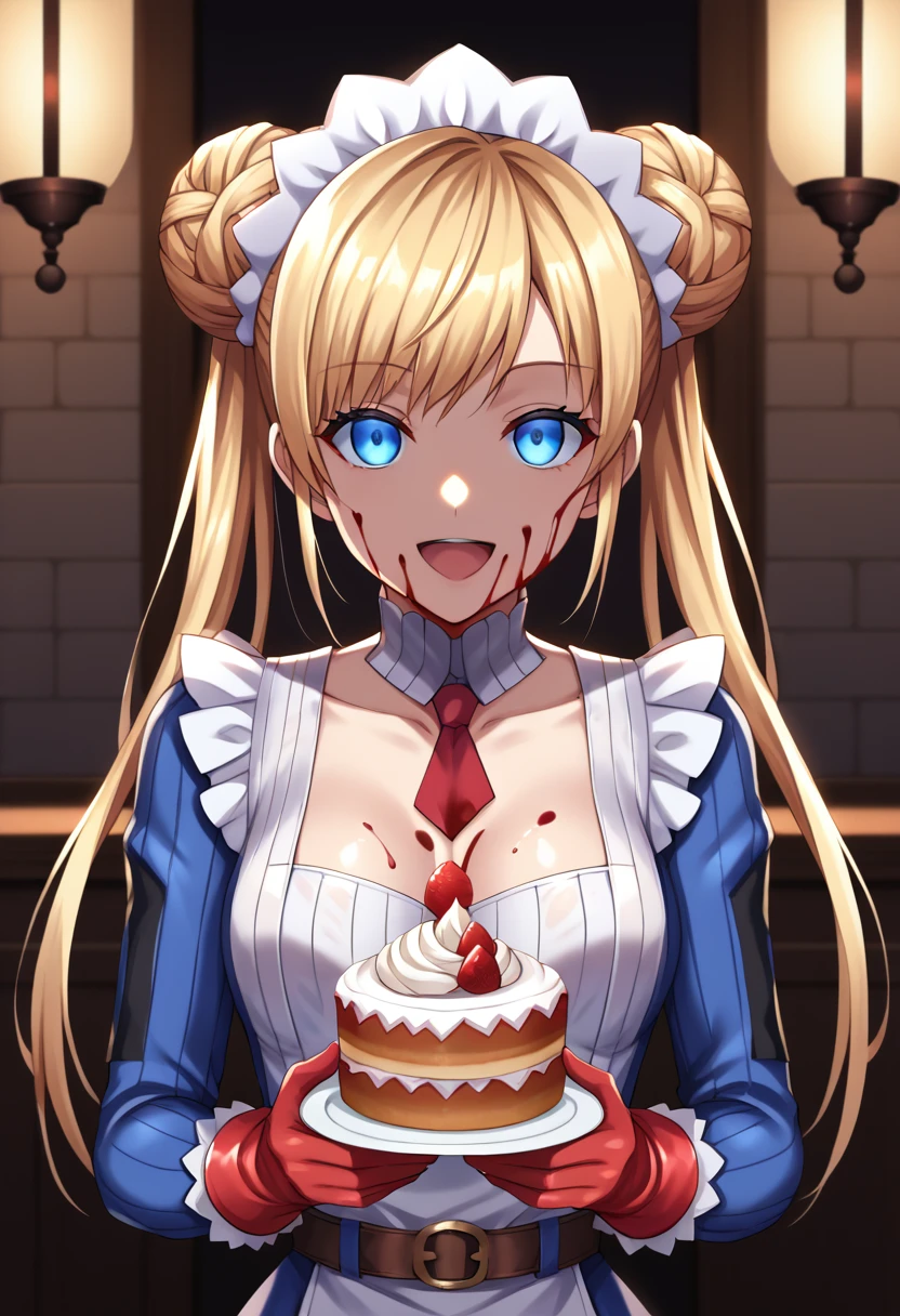 anime, (high quality, detailed, beautiful), shiny, detailed beautiful eyes, outstanding, countershading, detailed soft lighting, an exquisite animation illustration, anime screencap, anime coloring, side lighting, shiny luminous, (extremely detailed and beautiful clothes, fantasy art, symmetry), detailed shadow, shiny skin, wet skin, very sweaty, very wet skin, BREAK score_9, score_8_up, score_7_up, score_6_up, score_5_up, score_4_up, source_anime, masterpiece, anime style, BREAK 1girl, solo, bangs, blue eyes, blonde hair, small double bun, braided bun, twintails, sidelocks, white headdress, blue shirt, blue skirt, gloves, white apron, thighhighs, village, bakery, looking at you, kind smile, secretly holding knife, belt, holding cake, upper body, (emotionless, dark persona, hollow eyes, empty eyes, corruption), glowing eyes, evil eyes, blood, bloody, blood on face, blood on clothes, horror, dark tone, open mouth, tilt head, (blood on cake), red whip cream, shaded face,