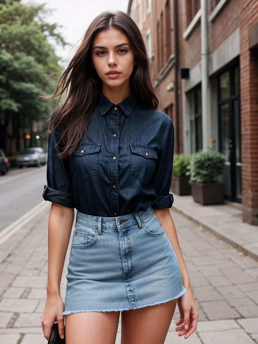 Create an image of a sexy and tall dark brunette with slightly wavy hair, standing at 175cm tall. The woman should be dressed in an unbuttoned denim shirt and a black short skirt, showcasing her perfect body in a way that is reminiscent of a street summer fashion. The image should be captured with the woman leaning next to a brick wall, adding to the dynamic and alluring nature of the image. The background should be a street summer scene, adding to the overall aesthetic of the image, viki odintcova