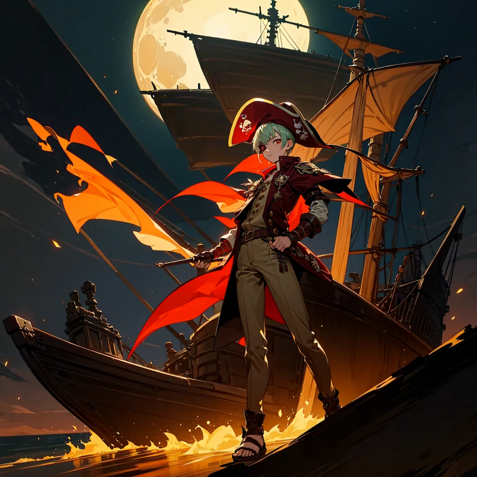 1boy, Full body version, 1character, brown eyes, albino skin, pirate eye patch, buzz cut hairstyle, green colour hair, flat facial expression, small eyes, red pirate hat, templar knight clothing, brown colour clothing, ancient Greek sandals, gold dagger knife in hand, buckler in hand, gold armor, Grassroots background in Pirate Ship, (at night), fire light burns on the ship, damaged pirate ship, moon silhouette light, moon in the sky, eyes glow red, sword glows red, lots of fire on the ship, ship fire, full background, war in ship pirate, (war gesture),