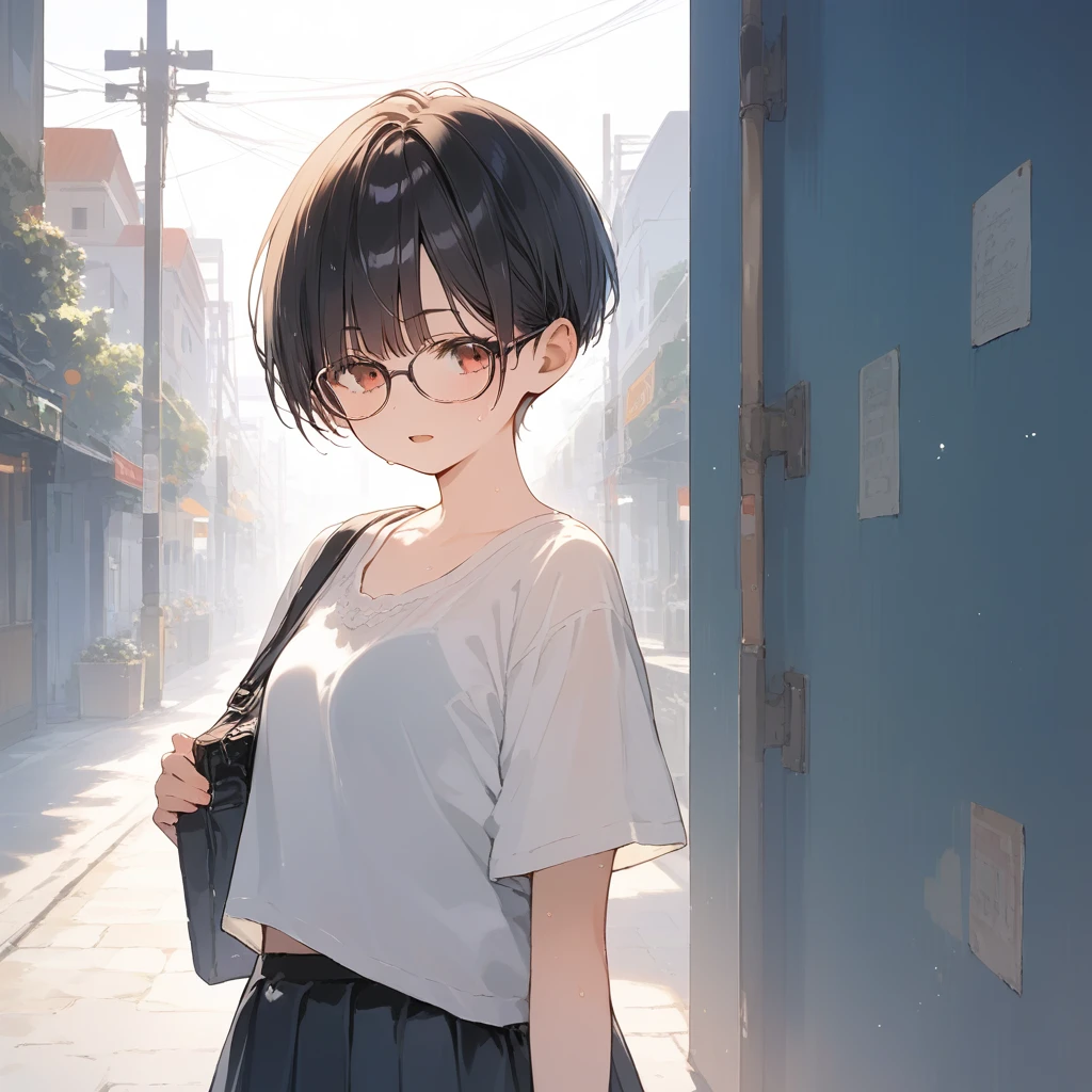 score_9, score_8_up, score_7_up, source_anime, best quality, masterpiece, official art, absurdres, highres, ultra-detailed,waifu2x,Collection: Slice of Life,break,1girl, very short hair,pixie cut, long bangs, glasses, small breasts, skirt, sweat, open mouth, outdoors, summer, break,(clear line illustration:1.2),very high resolution, very aesthetic, super detailed skin, Best sexual lighting powered by famous artist, 8k,cute picture,beauty illustration,photoshop_(medium),,(Detailed Lighting),best anime 8k konachan wallpaper, pixiv contest winner, 